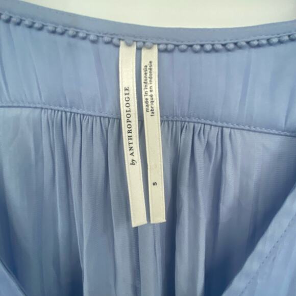 Anthropologie Women's Blue Silky Smocked Poet Sleeve Blouse Top Size Small - Picture 3 of 12